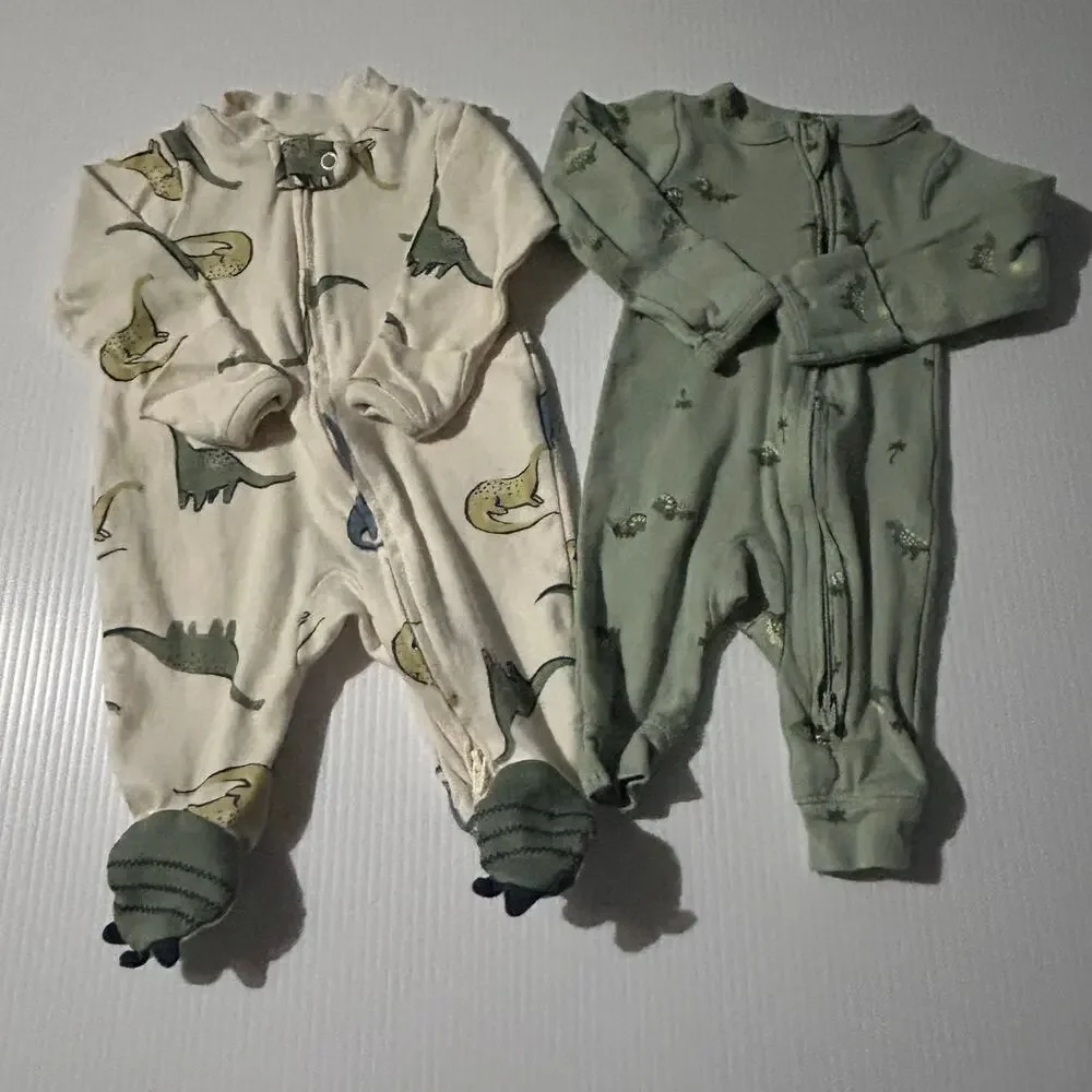 Carters NB Sleepers Lot (2) Long Sleeve Dinosaurs Newborn Footed/Nonfooted